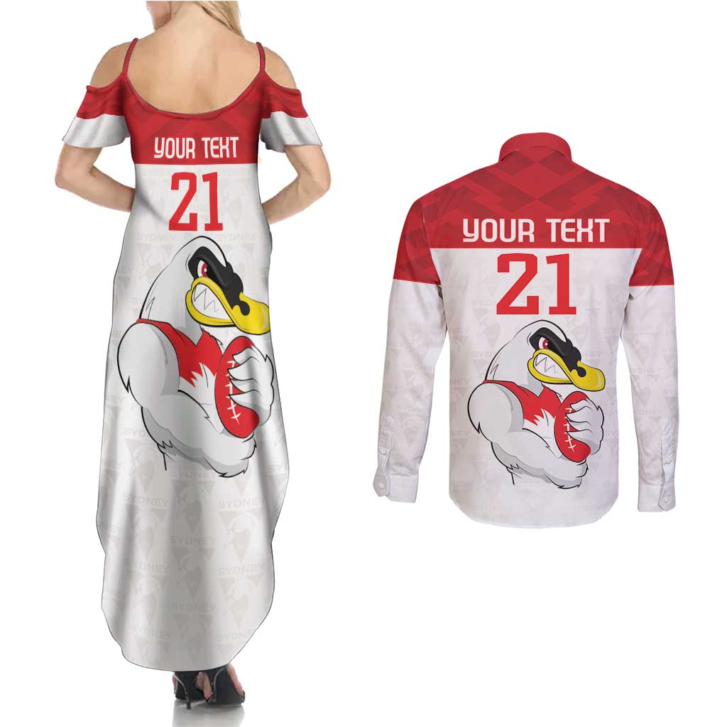 AFL Sydney Custom Couples Matching Summer Maxi Dress and Long Sleeve Button Shirt with Swans Mascot Simple Style