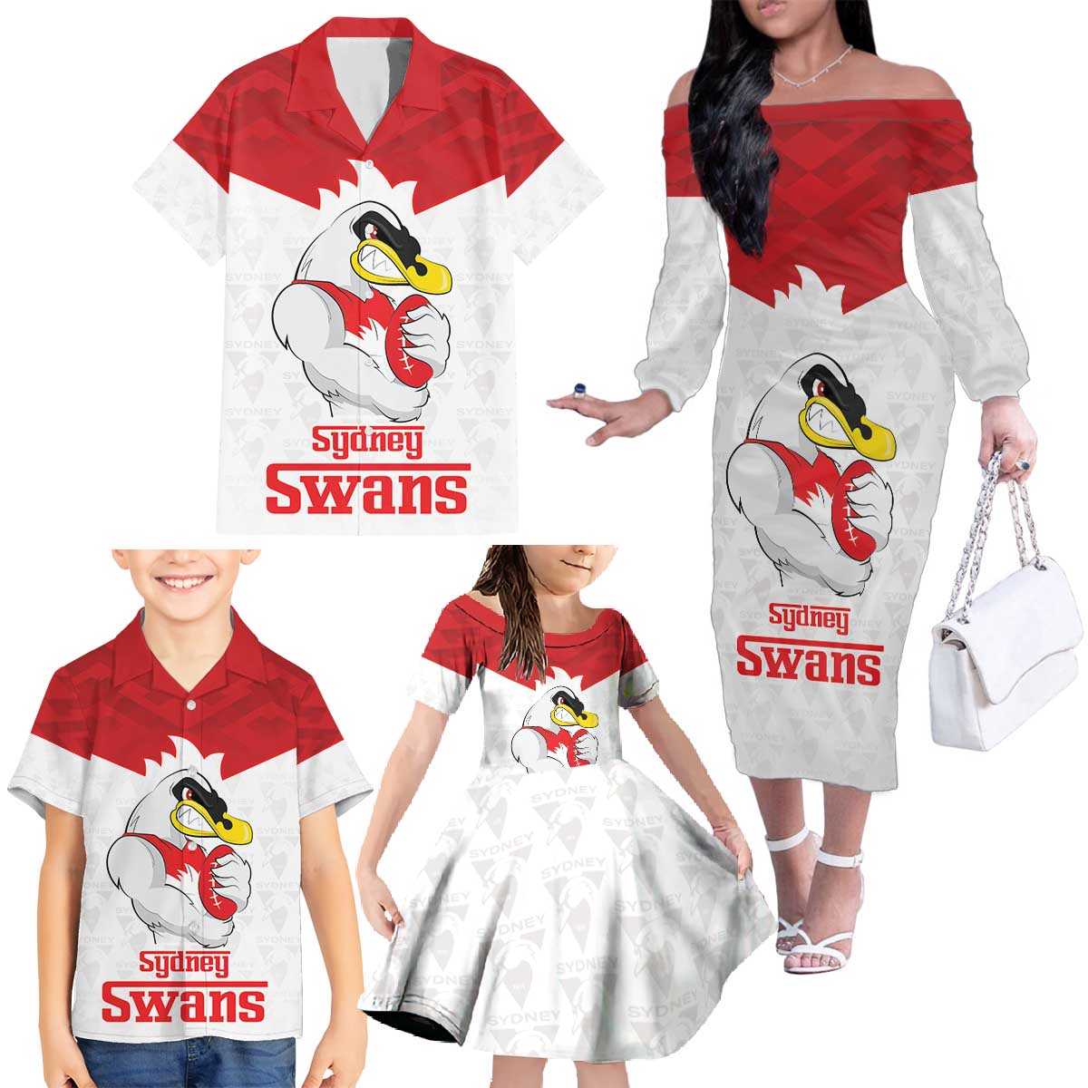 AFL Sydney Custom Family Matching Off The Shoulder Long Sleeve Dress and Hawaiian Shirt with Swans Mascot Simple Style