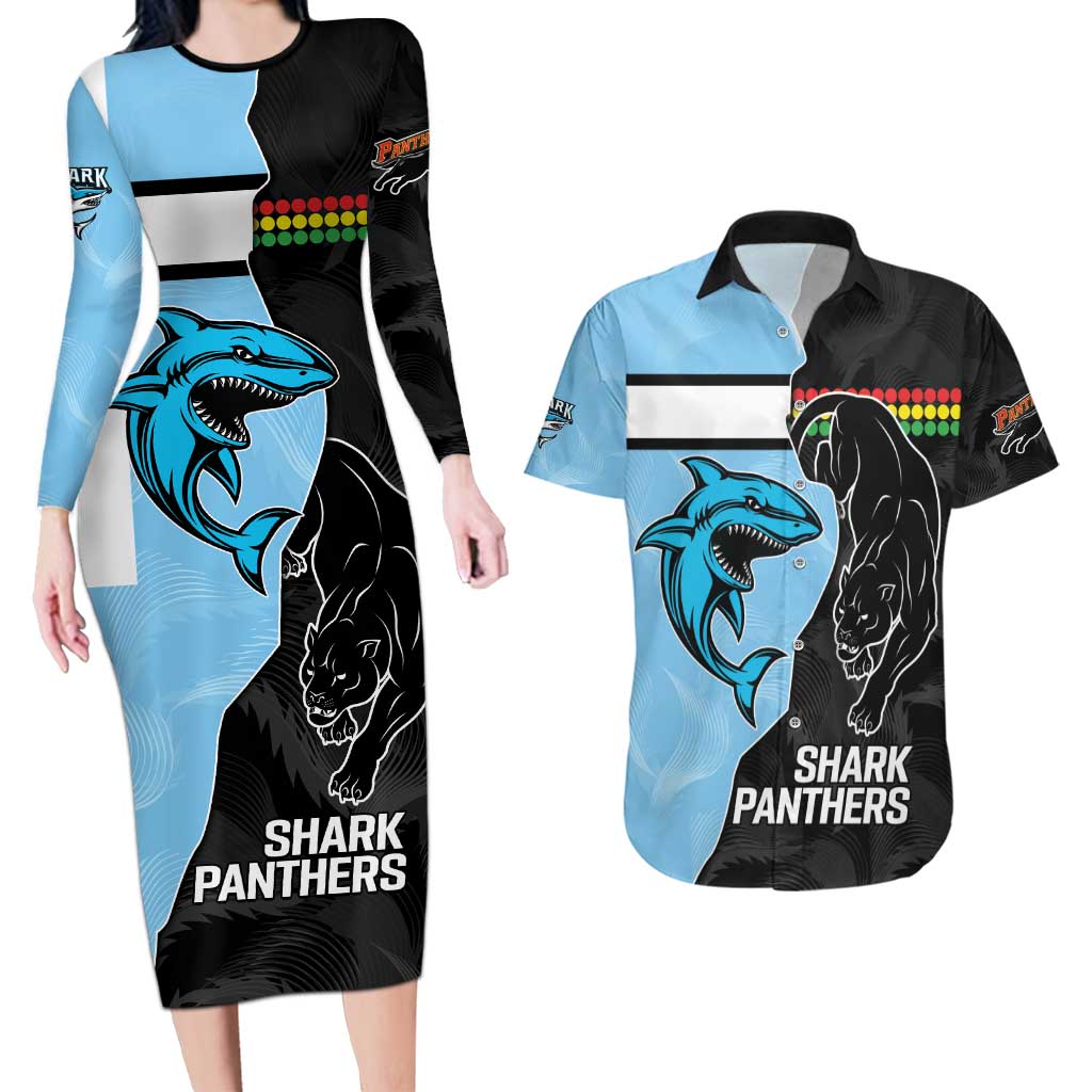 NRL Panthers-Shark Mascot Custom Couples Matching Long Sleeve Bodycon Dress and Hawaiian Shirt Cracked Metal Style