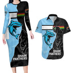 NRL Panthers-Shark Mascot Custom Couples Matching Long Sleeve Bodycon Dress and Hawaiian Shirt Cracked Metal Style