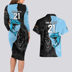 NRL Panthers-Shark Mascot Custom Couples Matching Long Sleeve Bodycon Dress and Hawaiian Shirt Cracked Metal Style