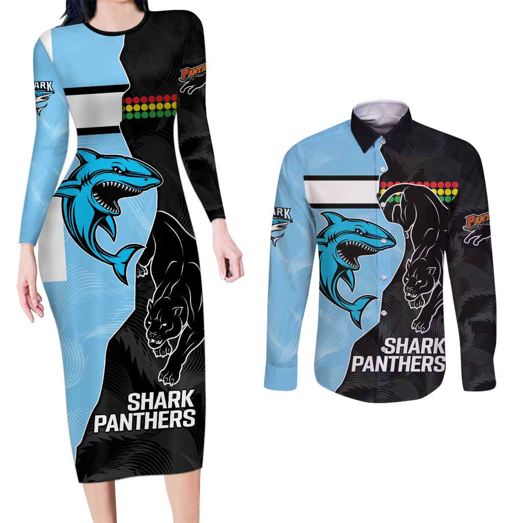 NRL Panthers-Shark Mascot Custom Couples Matching Long Sleeve Bodycon Dress and Long Sleeve Button Shirt Cracked Metal Style