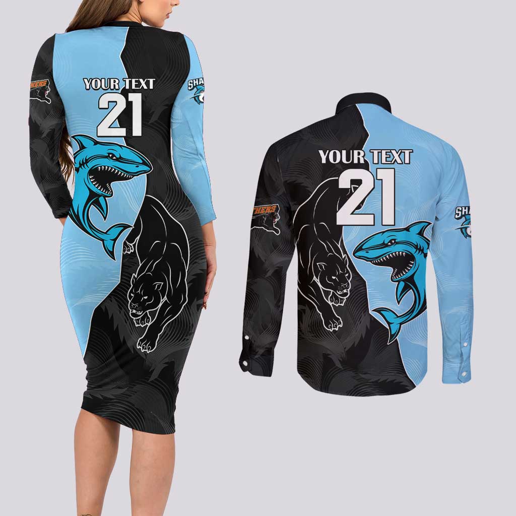 NRL Panthers-Shark Mascot Custom Couples Matching Long Sleeve Bodycon Dress and Long Sleeve Button Shirt Cracked Metal Style