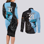 NRL Panthers-Shark Mascot Custom Couples Matching Long Sleeve Bodycon Dress and Long Sleeve Button Shirt Cracked Metal Style