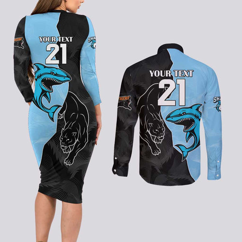 NRL Panthers-Shark Mascot Custom Couples Matching Long Sleeve Bodycon Dress and Long Sleeve Button Shirt Cracked Metal Style