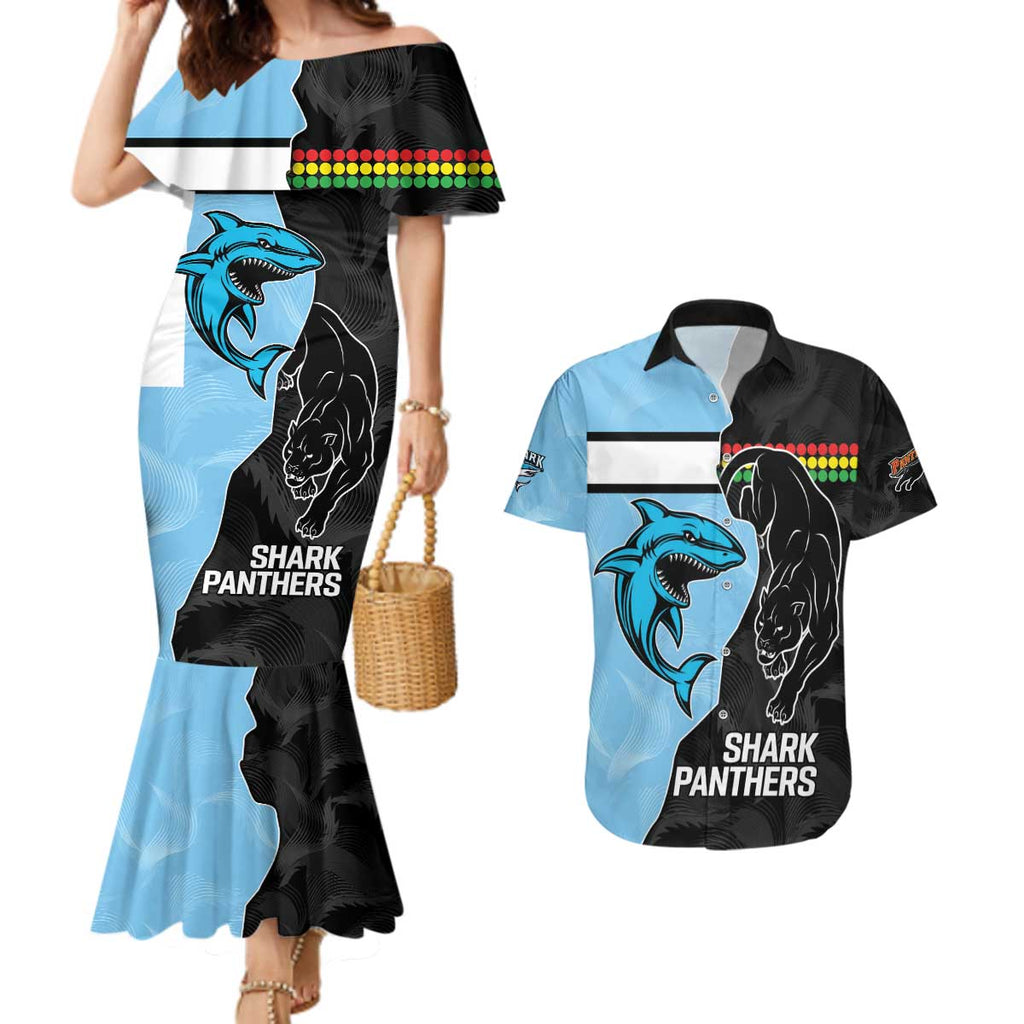 NRL Panthers-Shark Mascot Custom Couples Matching Mermaid Dress and Hawaiian Shirt Cracked Metal Style
