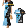 NRL Panthers-Shark Mascot Custom Couples Matching Mermaid Dress and Hawaiian Shirt Cracked Metal Style