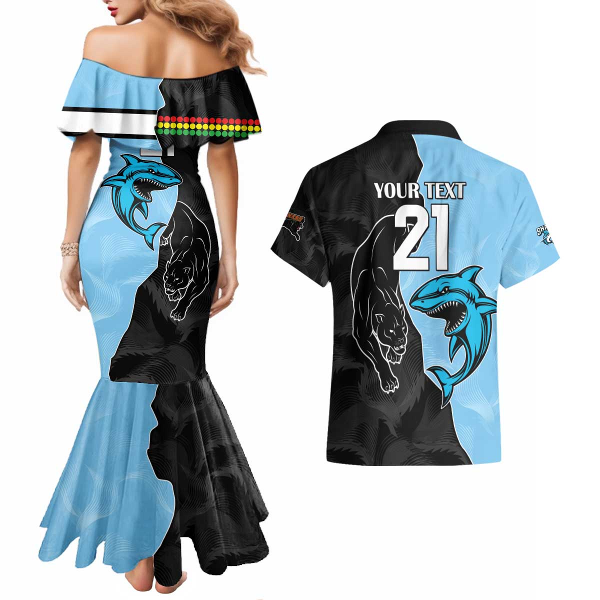 NRL Panthers-Shark Mascot Custom Couples Matching Mermaid Dress and Hawaiian Shirt Cracked Metal Style