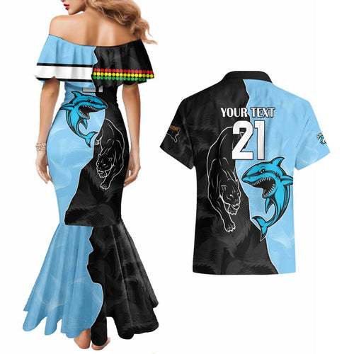 NRL Panthers-Shark Mascot Custom Couples Matching Mermaid Dress and Hawaiian Shirt Cracked Metal Style