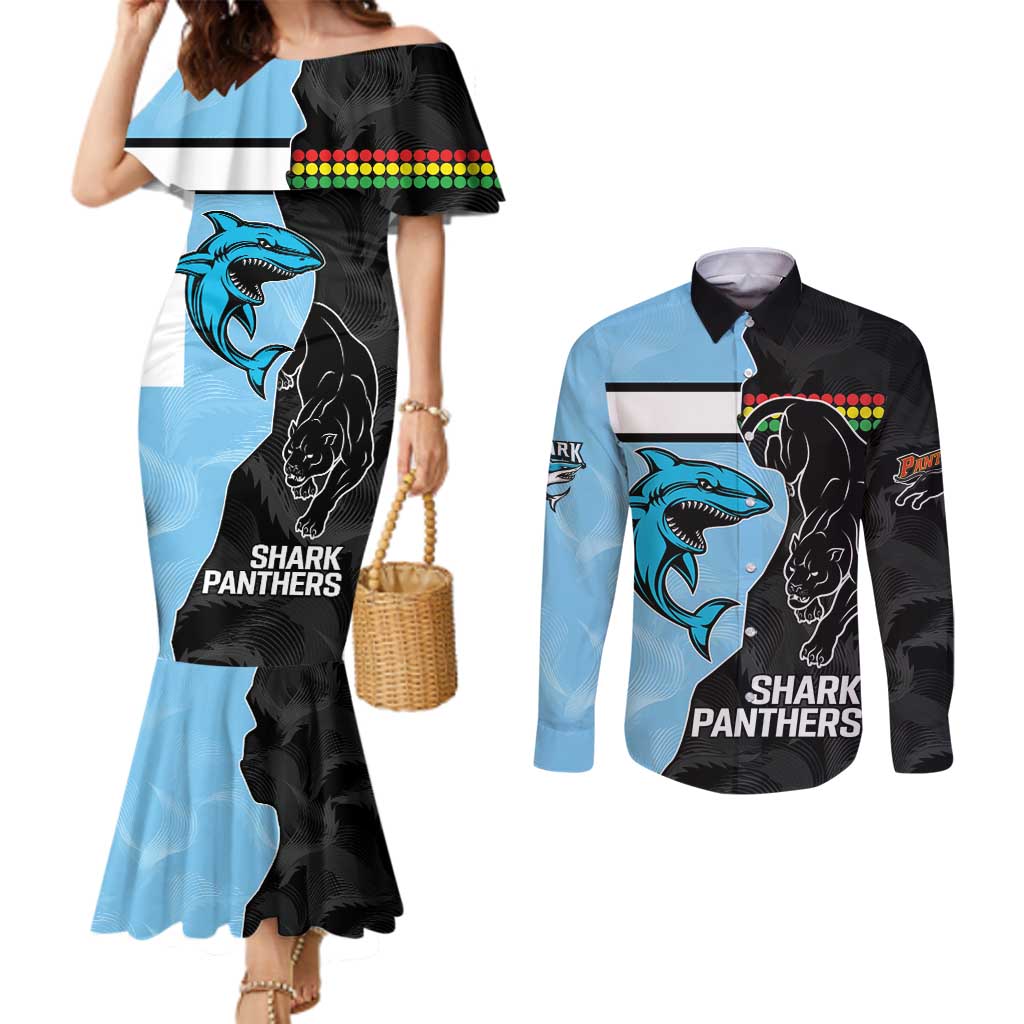 NRL Panthers-Shark Mascot Custom Couples Matching Mermaid Dress and Long Sleeve Button Shirt Cracked Metal Style