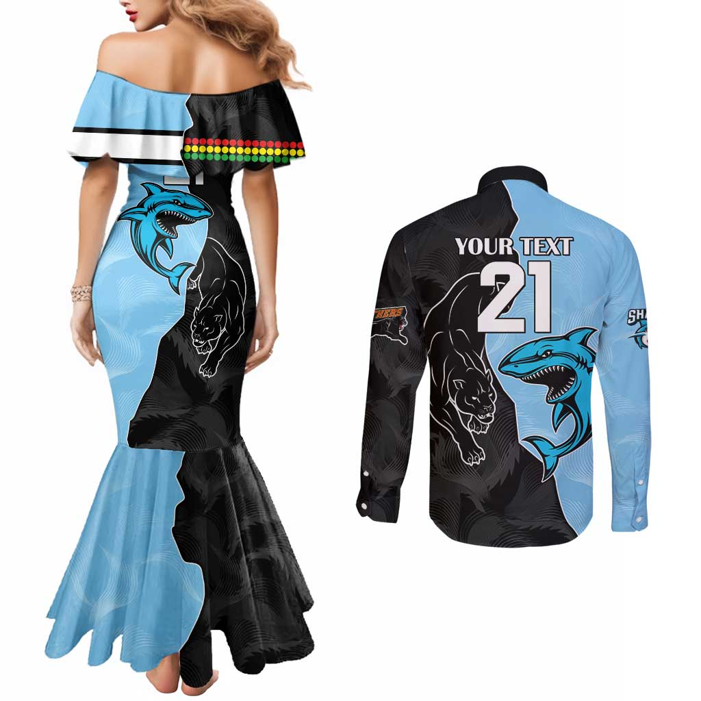 NRL Panthers-Shark Mascot Custom Couples Matching Mermaid Dress and Long Sleeve Button Shirt Cracked Metal Style