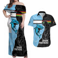 NRL Panthers-Shark Mascot Custom Couples Matching Off Shoulder Maxi Dress and Hawaiian Shirt Cracked Metal Style