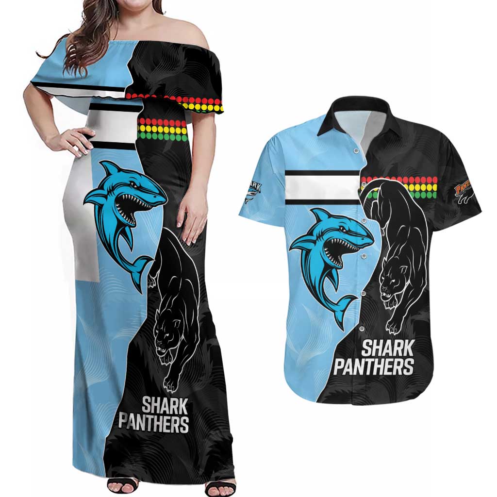 NRL Panthers-Shark Mascot Custom Couples Matching Off Shoulder Maxi Dress and Hawaiian Shirt Cracked Metal Style