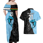 NRL Panthers-Shark Mascot Custom Couples Matching Off Shoulder Maxi Dress and Hawaiian Shirt Cracked Metal Style