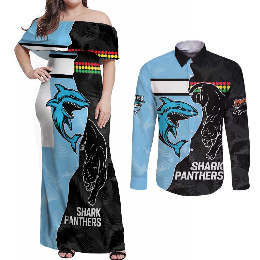NRL Panthers-Shark Mascot Custom Couples Matching Off Shoulder Maxi Dress and Long Sleeve Button Shirt Cracked Metal Style