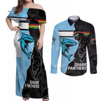NRL Panthers-Shark Mascot Custom Couples Matching Off Shoulder Maxi Dress and Long Sleeve Button Shirt Cracked Metal Style