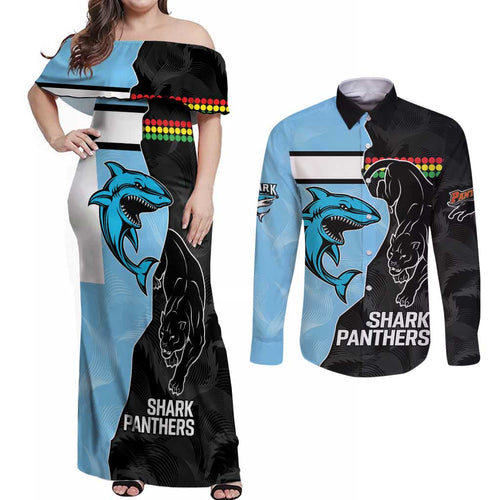 NRL Panthers-Shark Mascot Custom Couples Matching Off Shoulder Maxi Dress and Long Sleeve Button Shirt Cracked Metal Style