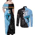 NRL Panthers-Shark Mascot Custom Couples Matching Off Shoulder Maxi Dress and Long Sleeve Button Shirt Cracked Metal Style