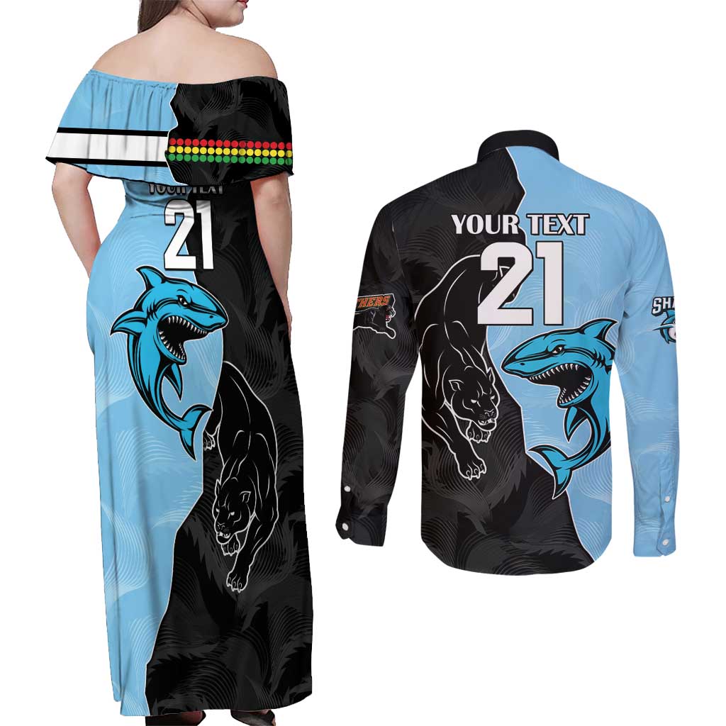 NRL Panthers-Shark Mascot Custom Couples Matching Off Shoulder Maxi Dress and Long Sleeve Button Shirt Cracked Metal Style