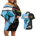 NRL Panthers-Shark Mascot Custom Couples Matching Off Shoulder Short Dress and Hawaiian Shirt Cracked Metal Style