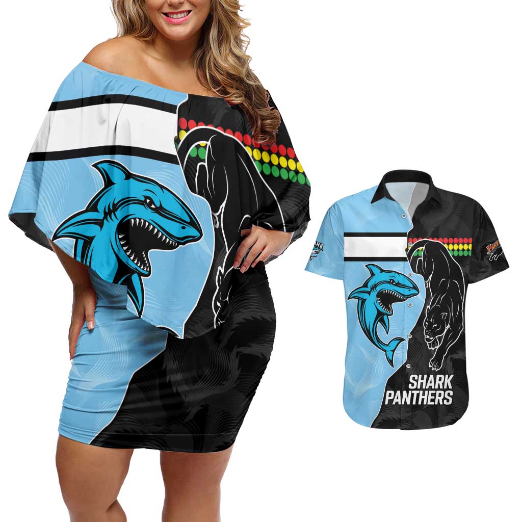 NRL Panthers-Shark Mascot Custom Couples Matching Off Shoulder Short Dress and Hawaiian Shirt Cracked Metal Style