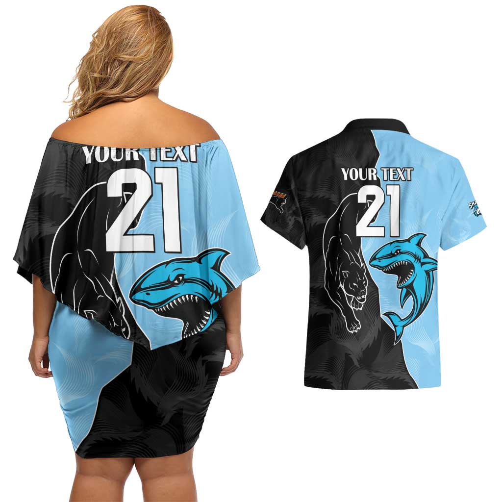 NRL Panthers-Shark Mascot Custom Couples Matching Off Shoulder Short Dress and Hawaiian Shirt Cracked Metal Style
