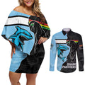 NRL Panthers-Shark Mascot Custom Couples Matching Off Shoulder Short Dress and Long Sleeve Button Shirt Cracked Metal Style