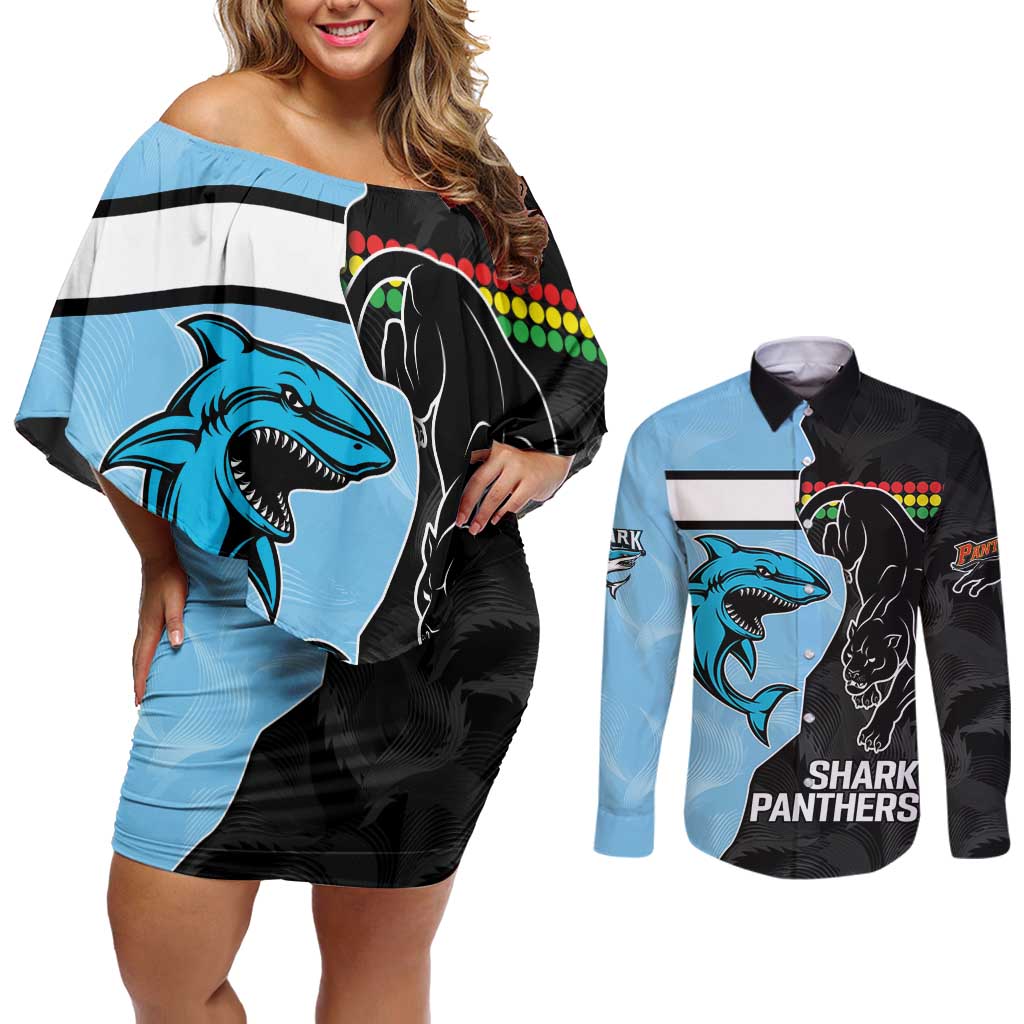 NRL Panthers-Shark Mascot Custom Couples Matching Off Shoulder Short Dress and Long Sleeve Button Shirt Cracked Metal Style