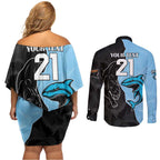 NRL Panthers-Shark Mascot Custom Couples Matching Off Shoulder Short Dress and Long Sleeve Button Shirt Cracked Metal Style