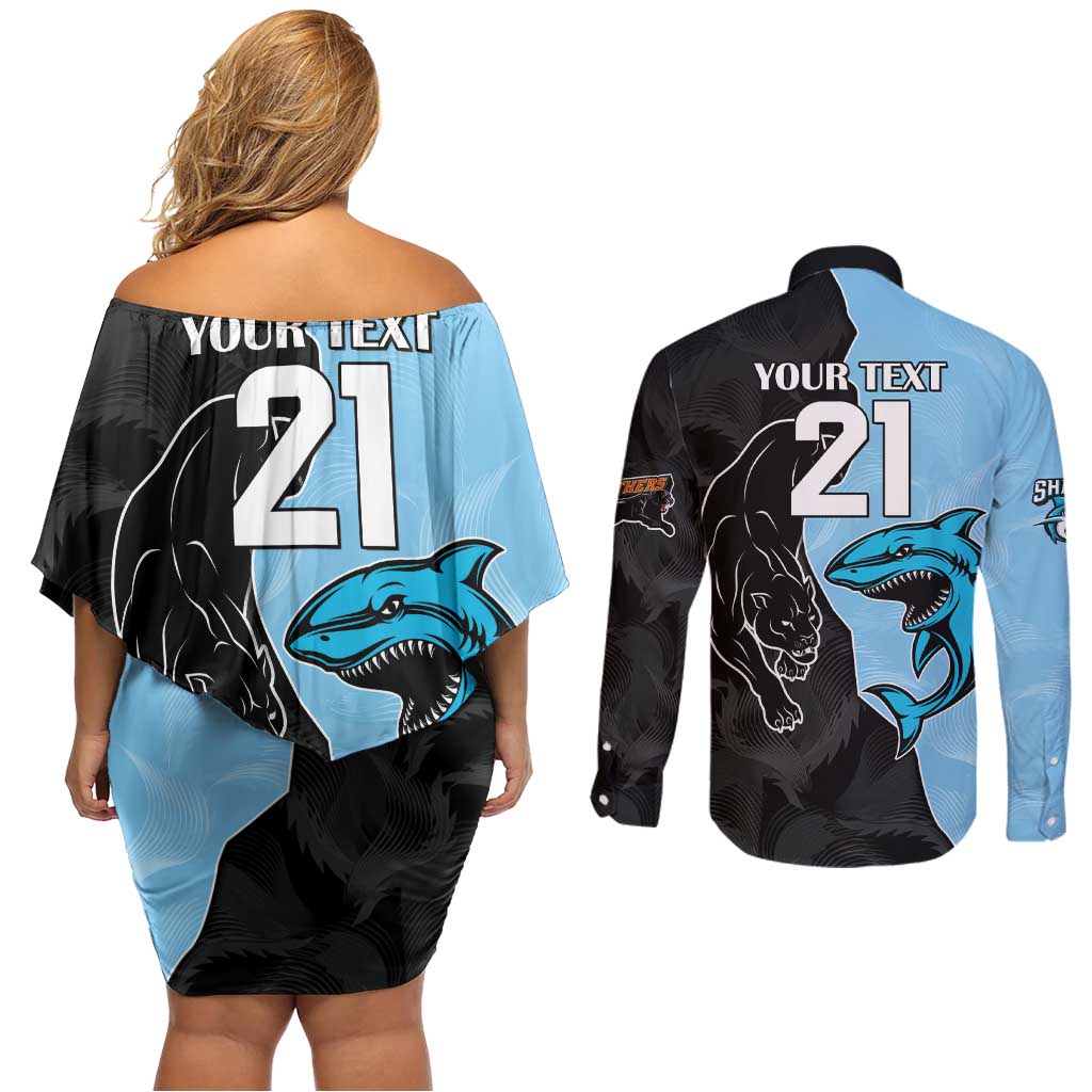 NRL Panthers-Shark Mascot Custom Couples Matching Off Shoulder Short Dress and Long Sleeve Button Shirt Cracked Metal Style