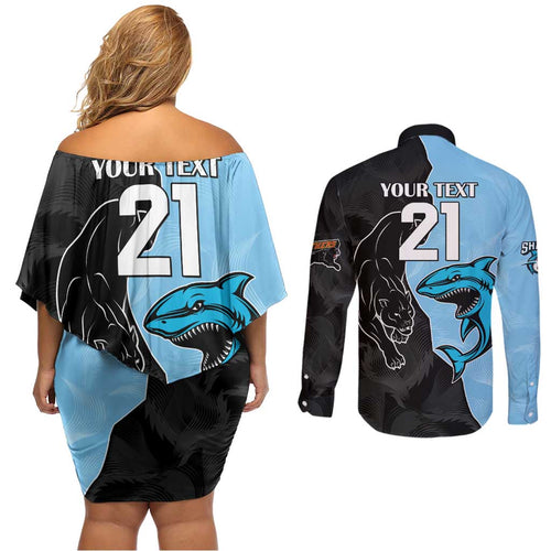 NRL Panthers-Shark Mascot Custom Couples Matching Off Shoulder Short Dress and Long Sleeve Button Shirt Cracked Metal Style