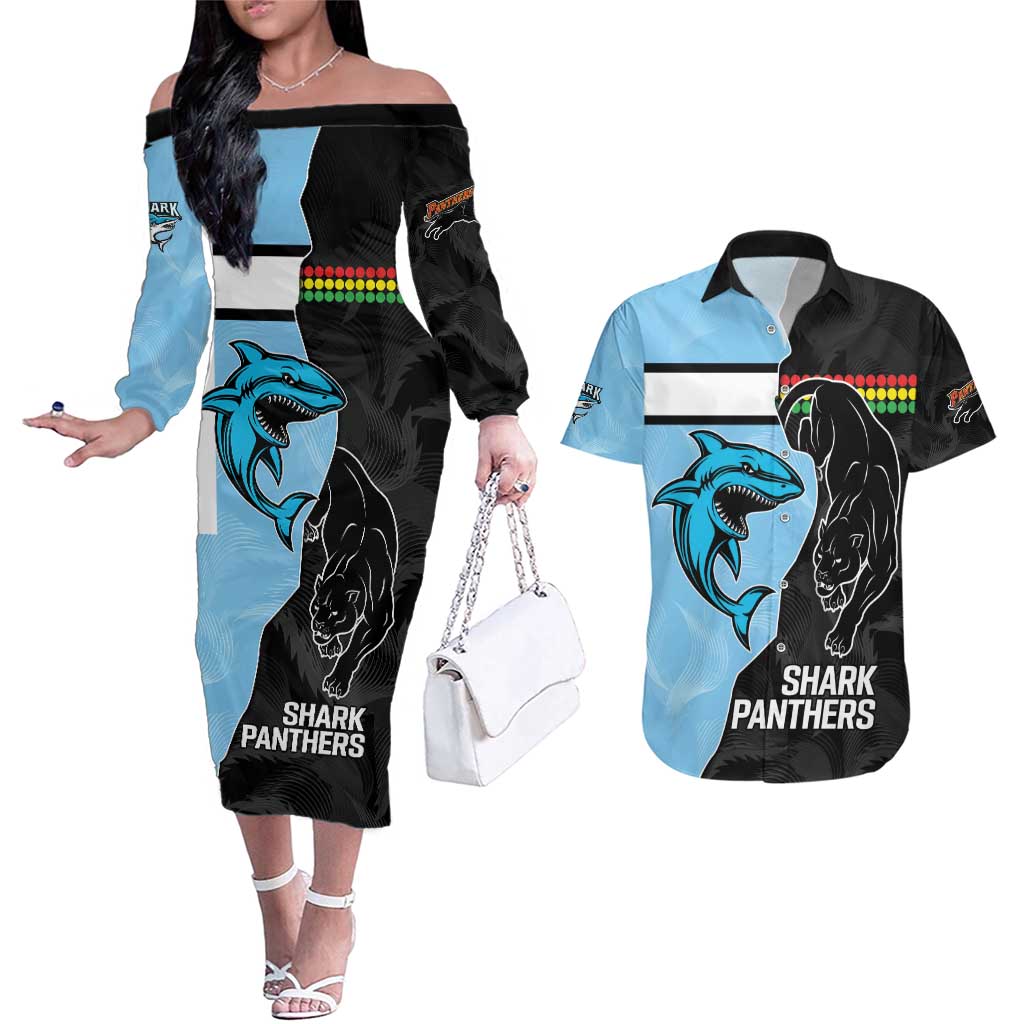 NRL Panthers-Shark Mascot Custom Couples Matching Off The Shoulder Long Sleeve Dress and Hawaiian Shirt Cracked Metal Style