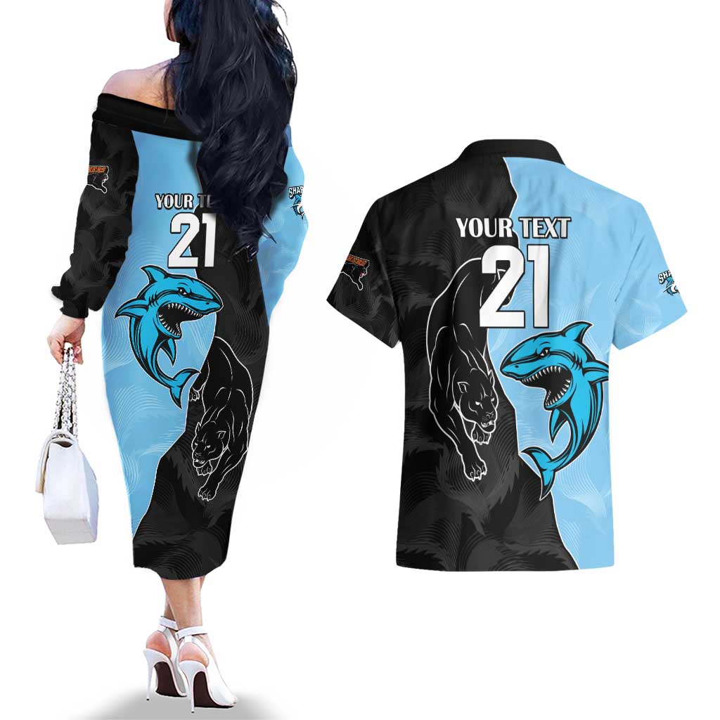 NRL Panthers-Shark Mascot Custom Couples Matching Off The Shoulder Long Sleeve Dress and Hawaiian Shirt Cracked Metal Style