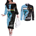 NRL Panthers-Shark Mascot Custom Couples Matching Off The Shoulder Long Sleeve Dress and Long Sleeve Button Shirt Cracked Metal Style
