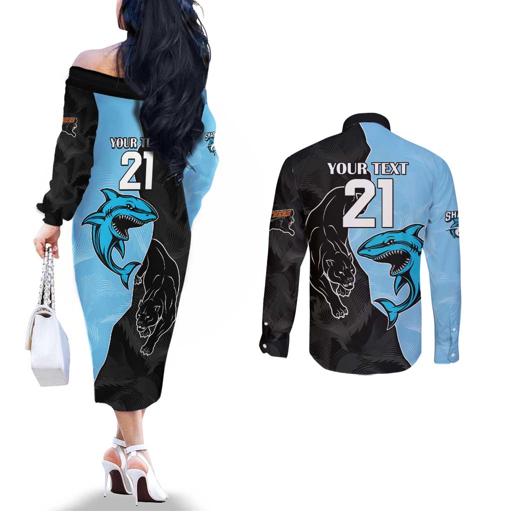 NRL Panthers-Shark Mascot Custom Couples Matching Off The Shoulder Long Sleeve Dress and Long Sleeve Button Shirt Cracked Metal Style