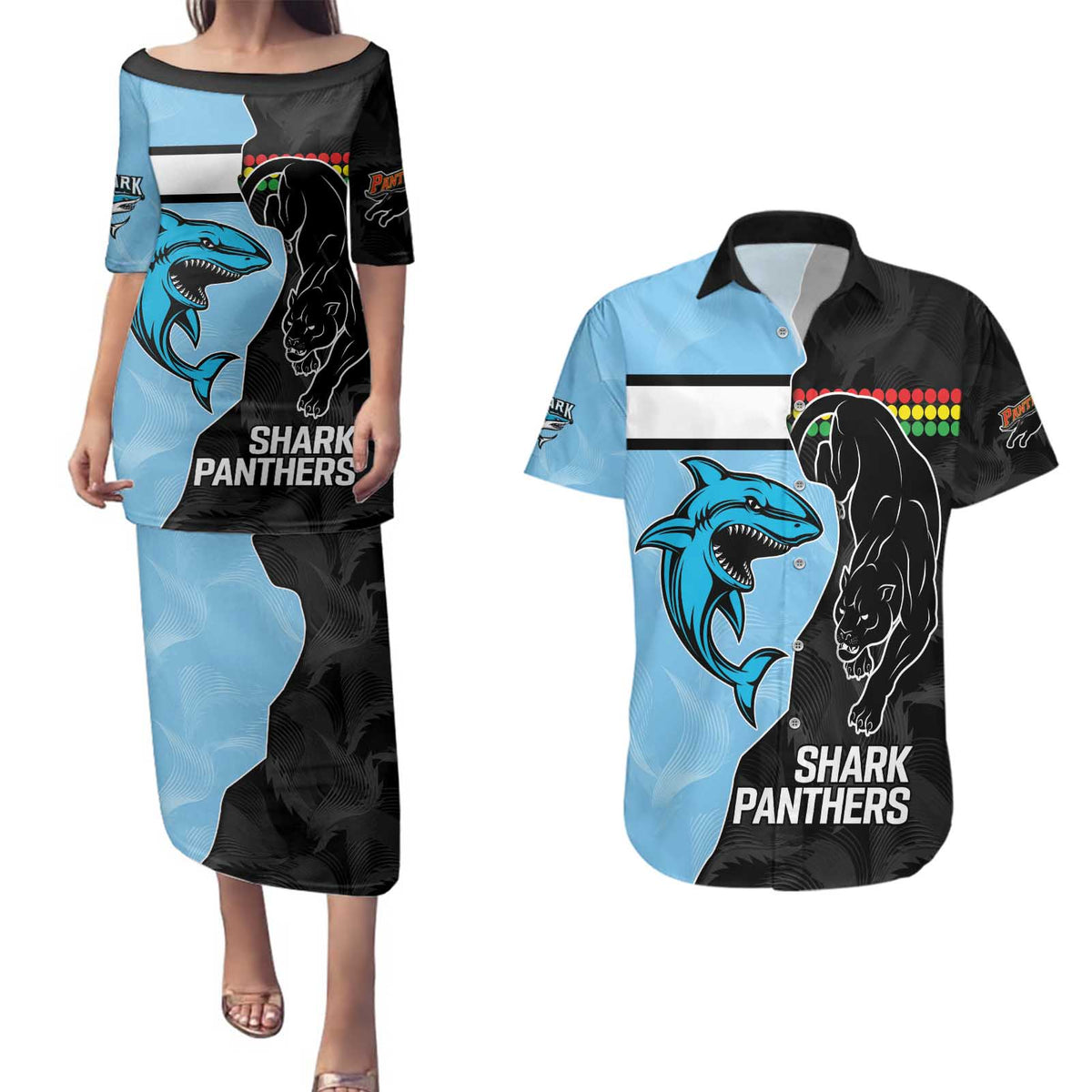 NRL Panthers-Shark Mascot Custom Couples Matching Puletasi and Hawaiian Shirt Cracked Metal Style