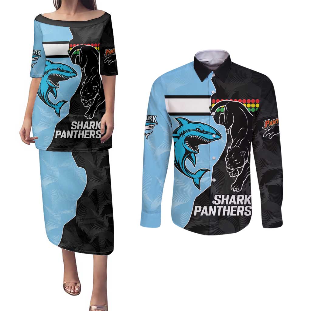 NRL Panthers-Shark Mascot Custom Couples Matching Puletasi and Long Sleeve Button Shirt Cracked Metal Style