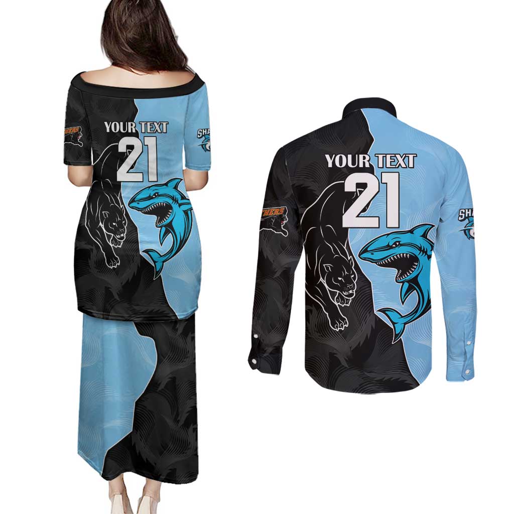 NRL Panthers-Shark Mascot Custom Couples Matching Puletasi and Long Sleeve Button Shirt Cracked Metal Style
