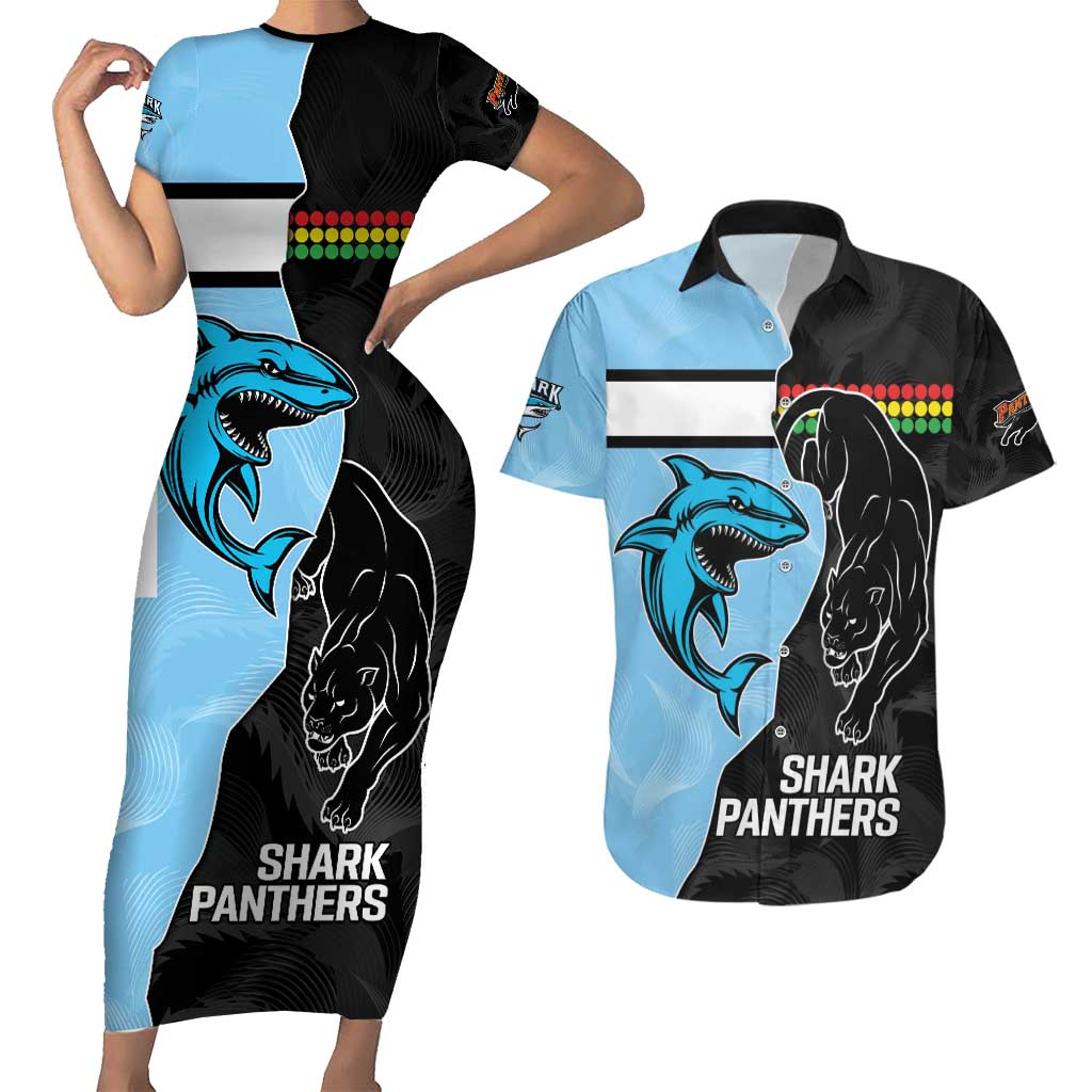 NRL Panthers-Shark Mascot Custom Couples Matching Short Sleeve Bodycon Dress and Hawaiian Shirt Cracked Metal Style