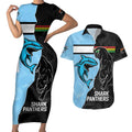NRL Panthers-Shark Mascot Custom Couples Matching Short Sleeve Bodycon Dress and Hawaiian Shirt Cracked Metal Style