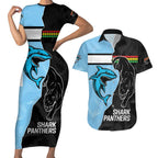 NRL Panthers-Shark Mascot Custom Couples Matching Short Sleeve Bodycon Dress and Hawaiian Shirt Cracked Metal Style
