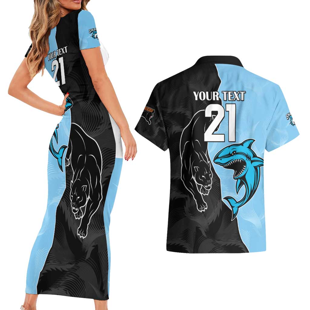 NRL Panthers-Shark Mascot Custom Couples Matching Short Sleeve Bodycon Dress and Hawaiian Shirt Cracked Metal Style
