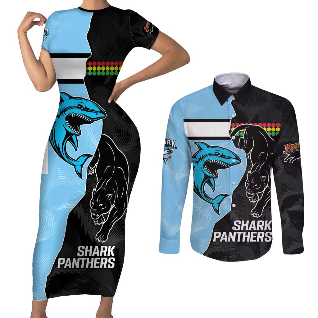 NRL Panthers-Shark Mascot Custom Couples Matching Short Sleeve Bodycon Dress and Long Sleeve Button Shirt Cracked Metal Style