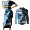 NRL Panthers-Shark Mascot Custom Couples Matching Short Sleeve Bodycon Dress and Long Sleeve Button Shirt Cracked Metal Style