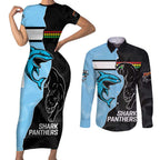 NRL Panthers-Shark Mascot Custom Couples Matching Short Sleeve Bodycon Dress and Long Sleeve Button Shirt Cracked Metal Style