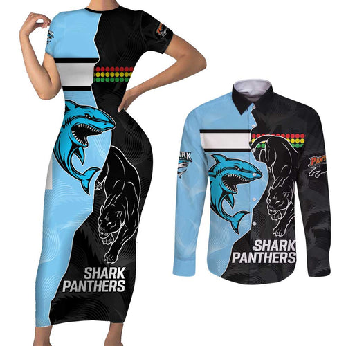NRL Panthers-Shark Mascot Custom Couples Matching Short Sleeve Bodycon Dress and Long Sleeve Button Shirt Cracked Metal Style