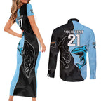 NRL Panthers-Shark Mascot Custom Couples Matching Short Sleeve Bodycon Dress and Long Sleeve Button Shirt Cracked Metal Style