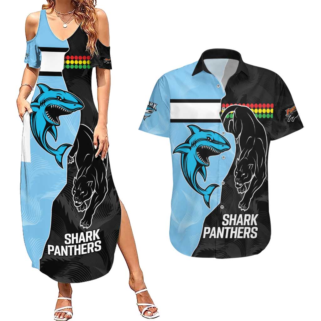 NRL Panthers-Shark Mascot Custom Couples Matching Summer Maxi Dress and Hawaiian Shirt Cracked Metal Style