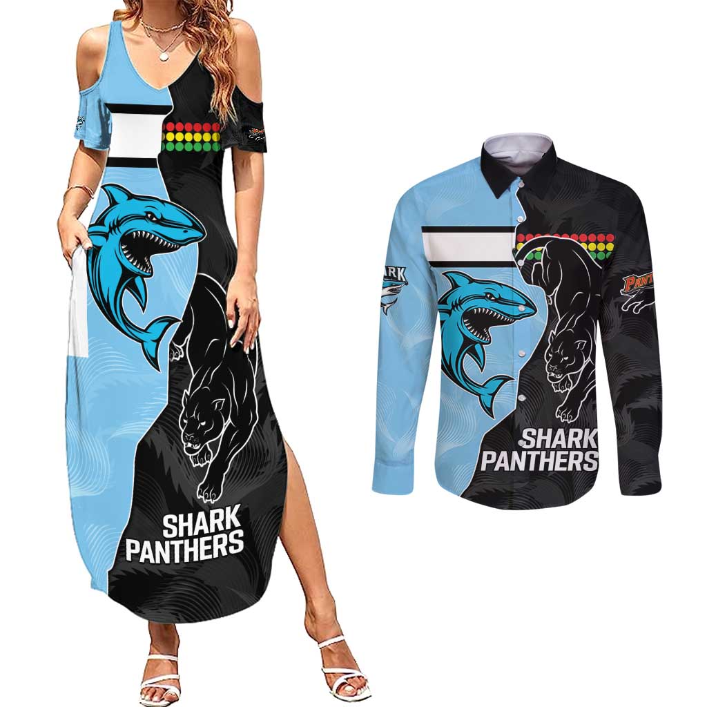 NRL Panthers-Shark Mascot Custom Couples Matching Summer Maxi Dress and Long Sleeve Button Shirt Cracked Metal Style