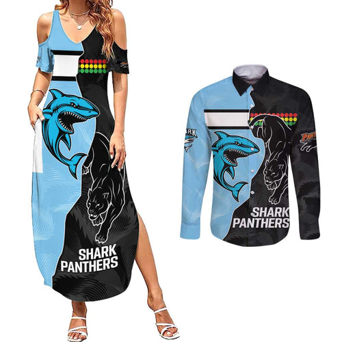 NRL Panthers-Shark Mascot Custom Couples Matching Summer Maxi Dress and Long Sleeve Button Shirt Cracked Metal Style